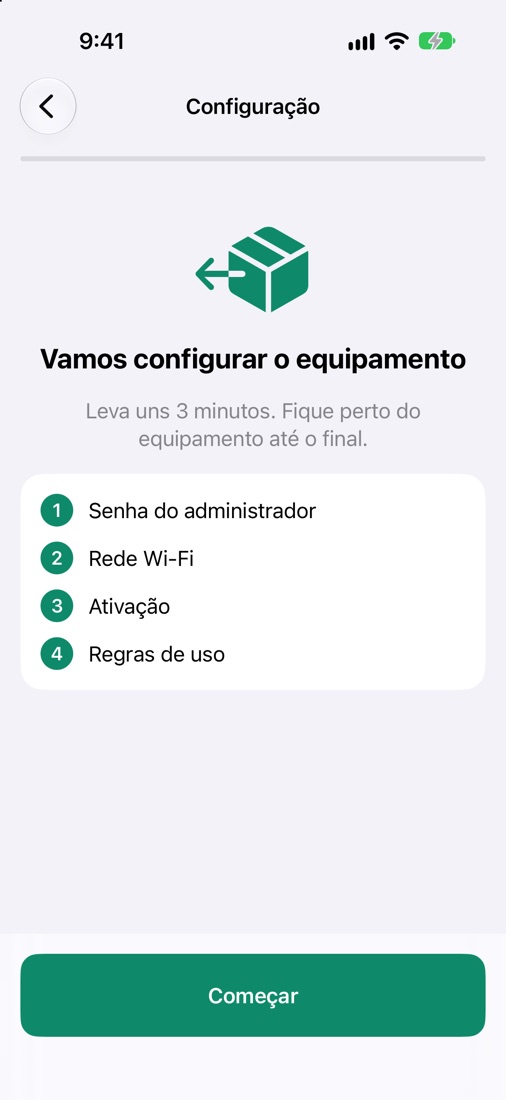 Tela do app: Vamos configurar o equipamento