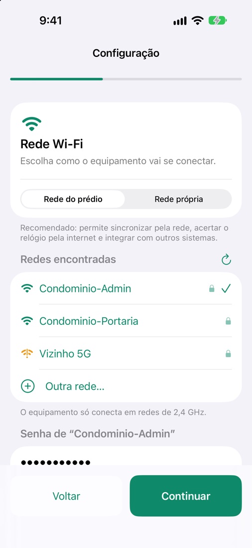 Tela do app: escolha da rede Wi-Fi do prédio
