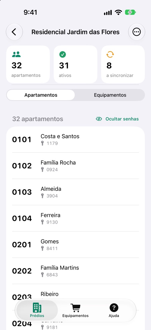 Tela do app: lista de apartamentos com senhas