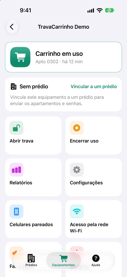 Tela do app: carrinho em uso pelo apartamento 0302