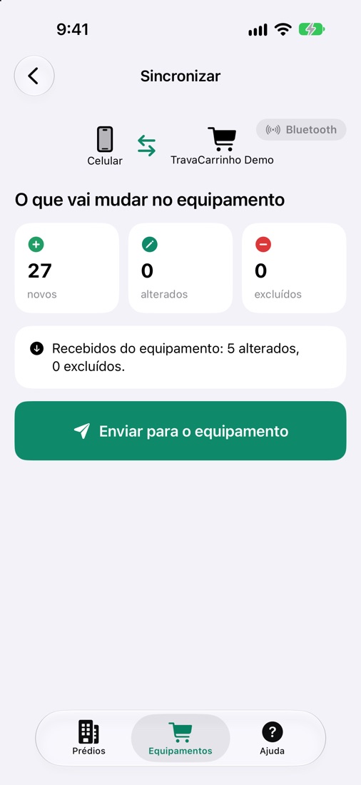 Tela do app: prévia da sincronização com novos, alterados e excluídos