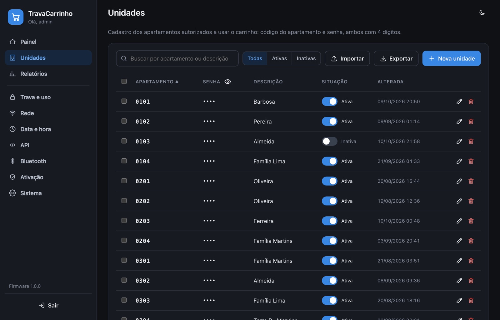 Cadastro de unidades no painel web